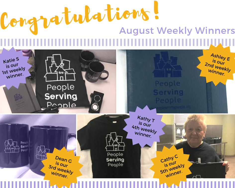 August Weekly Winners: Katie S, Ashley E, Dean G, Kathy T & Cathy C