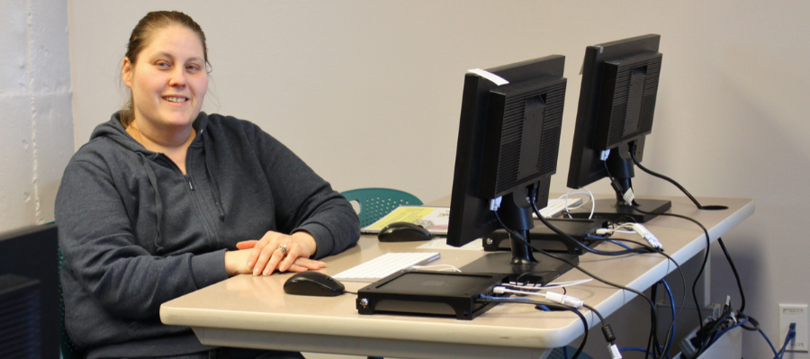 woman sitting at computer