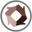 racial equity icon - 4 hands of different skin colors in a circle