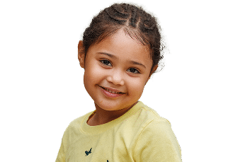 Young girl with braided hair smiles, wearing a yellow shirt.