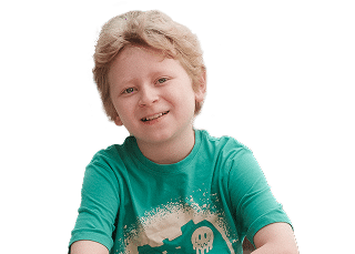 Smiling young boy with blonde hair wearing a green t-shirt.
