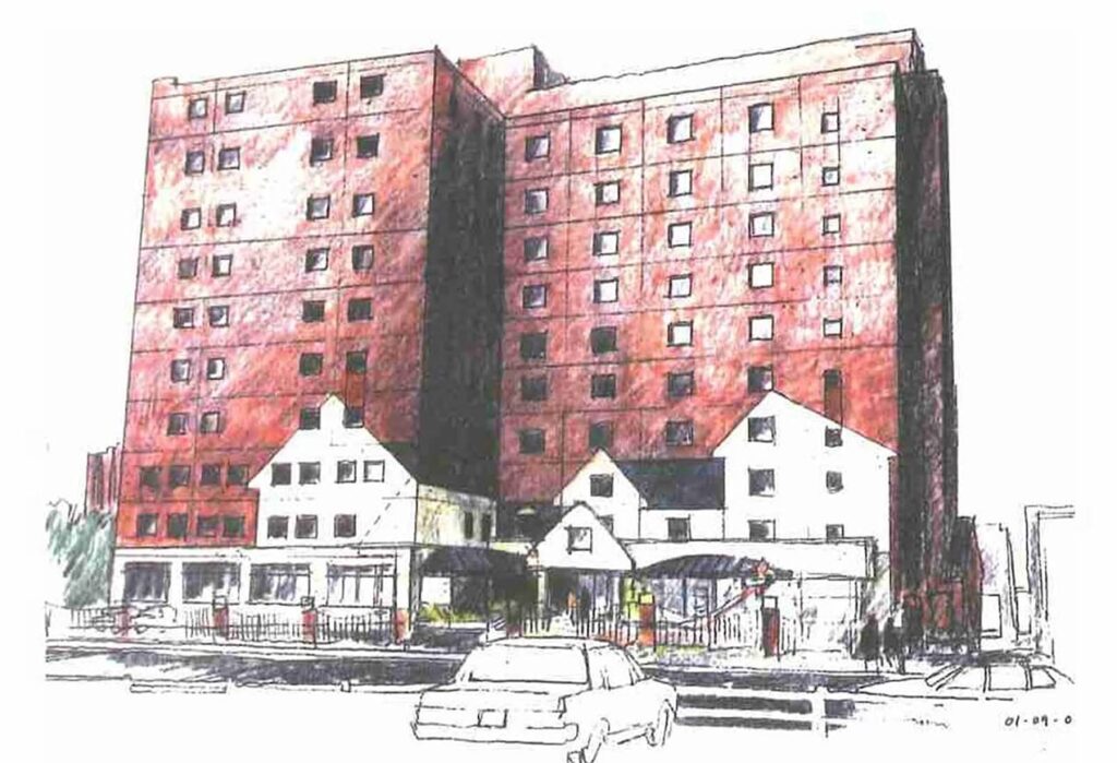A sketch of a tall red brick apartment building with smaller white houses in front and a car on the street.