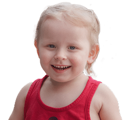 Smiling young child with light hair, wearing a sleeveless red top, against a plain white background.