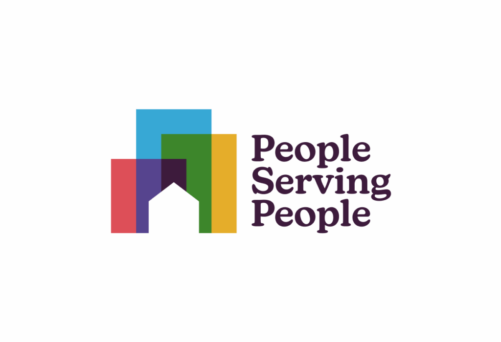 Logo with overlapping colorful rectangles forming a house shape, next to the text “People Serving People” in bold letters.