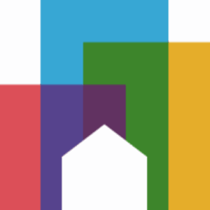 Abstract geometric design with overlapping colored rectangles and a white house-like shape in the center.