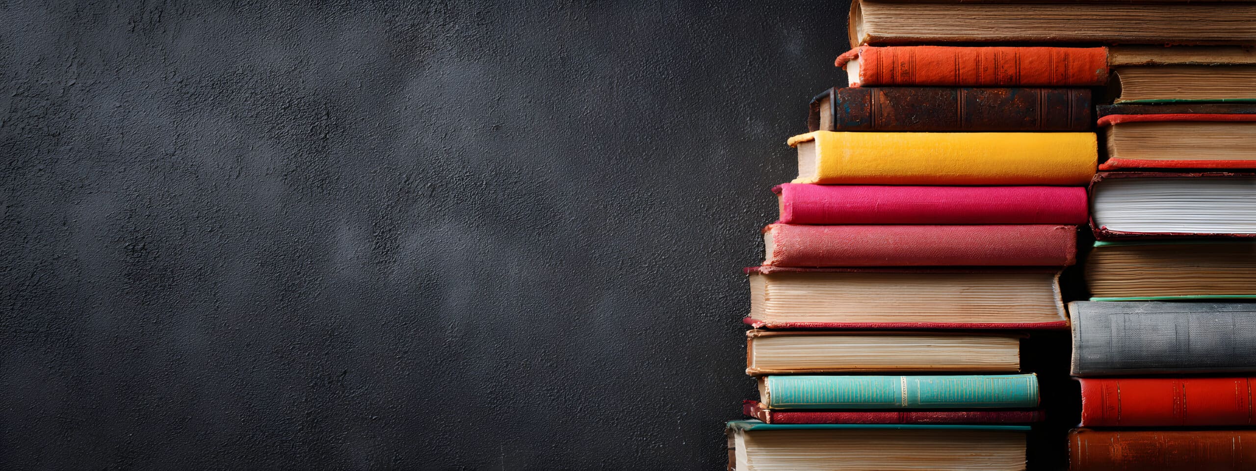 chalkboard with books stacked next to it