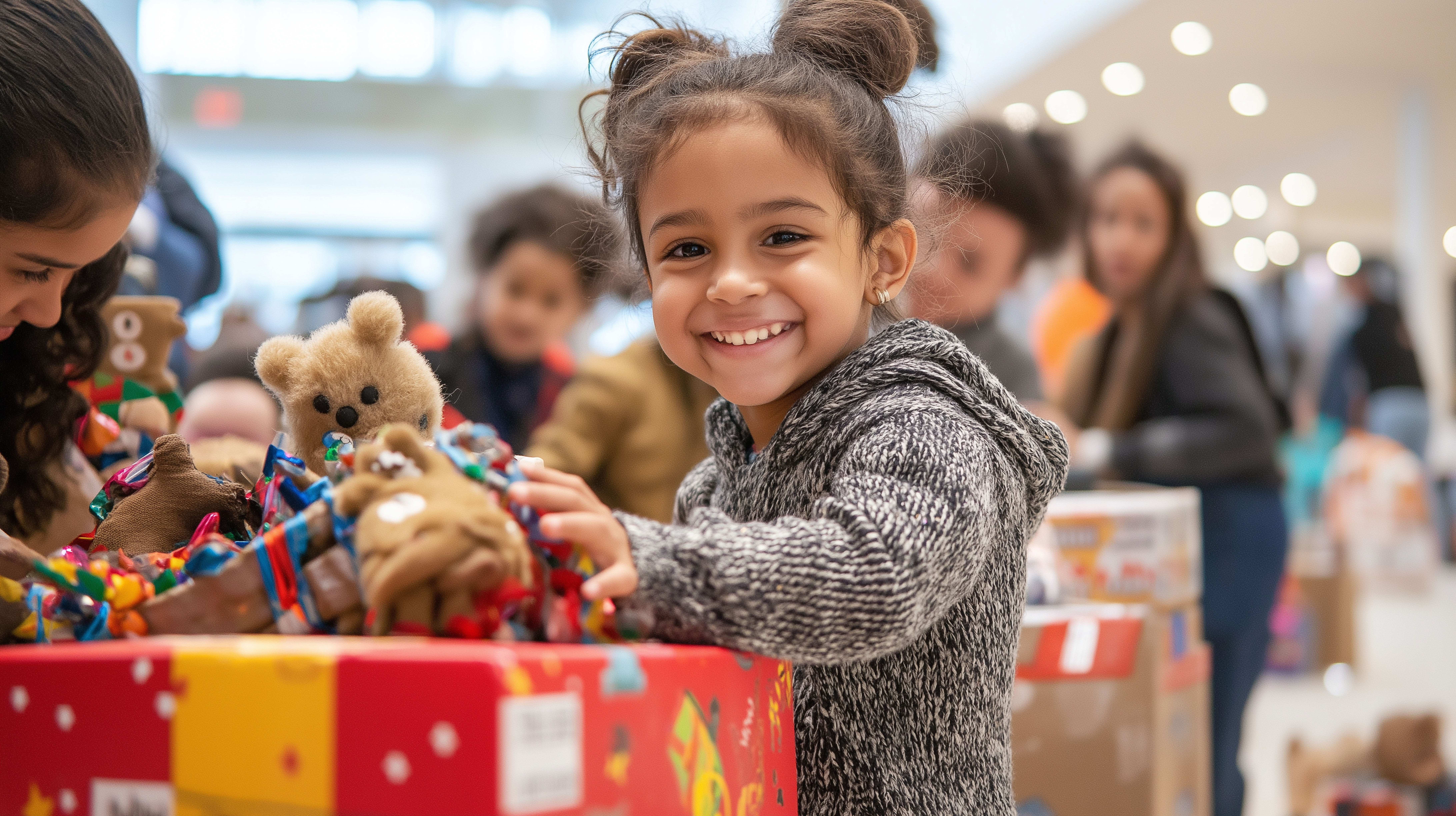 young child with gift and stuffed teddy bear