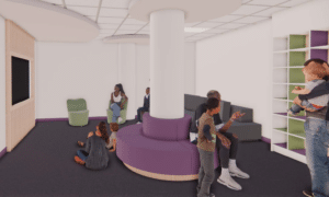 A rendering of our reimagined guest lounge, with white walls, grey carpets, TV, and bookshelves.