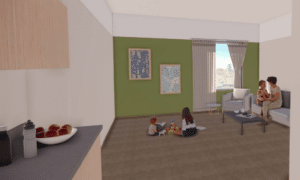 A mock-up of a reimagined guest room with green and white walls, counter space, and grey carpet.
