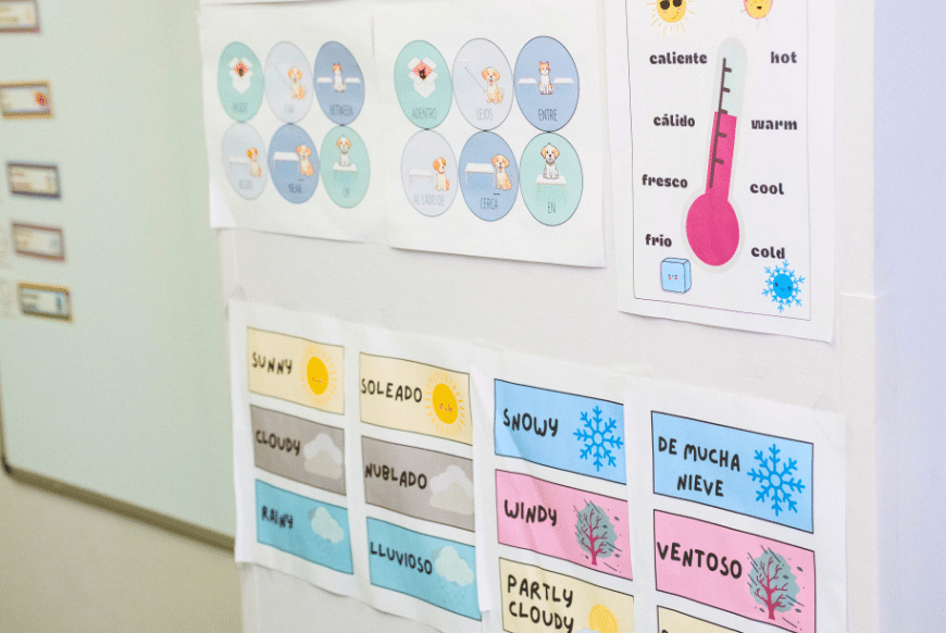 Classroom wall featuring temperature words in English and Spanish