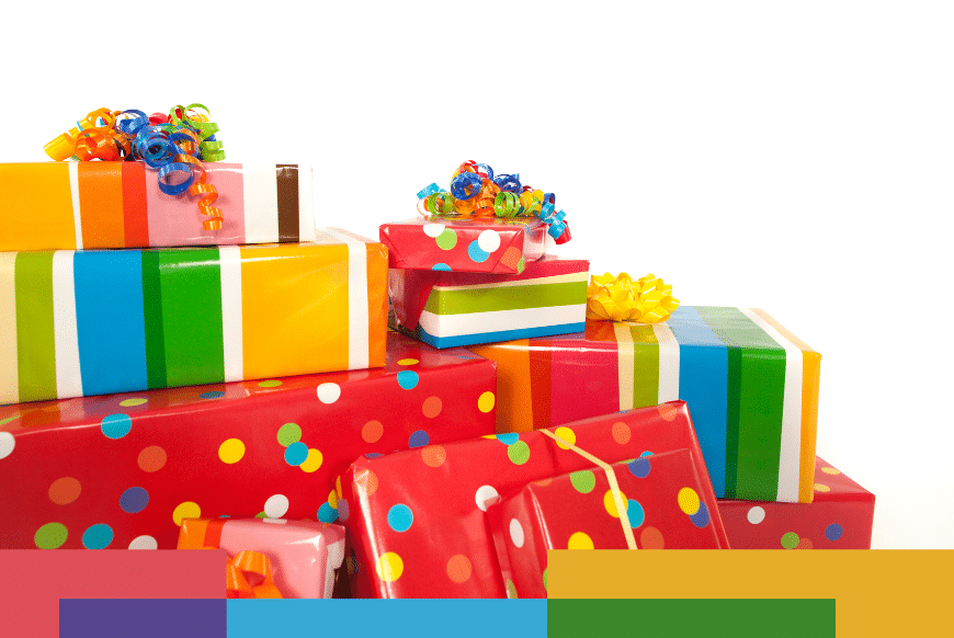 Stack of colorfully wrapped gifts