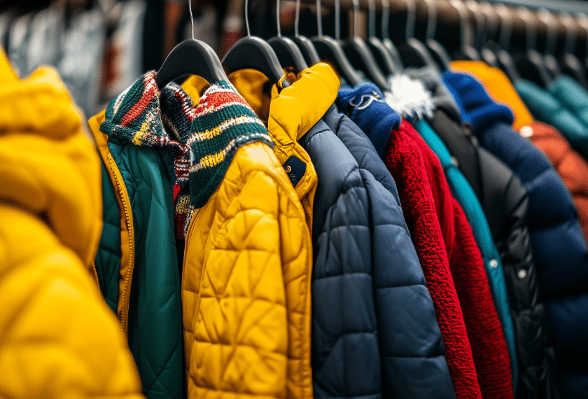 Winter coats on hangers on display rack