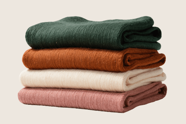 Pile of folded blankets in several colors